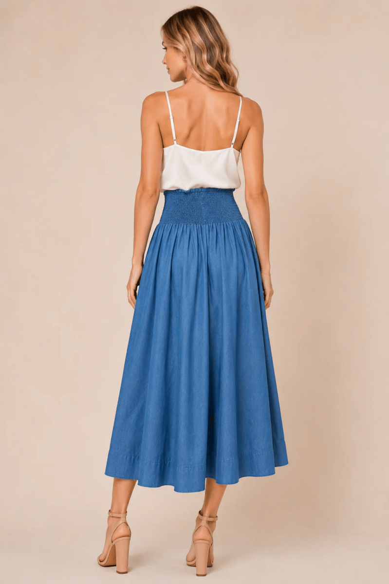 High Waisted Smocked Skirt with Front Zip