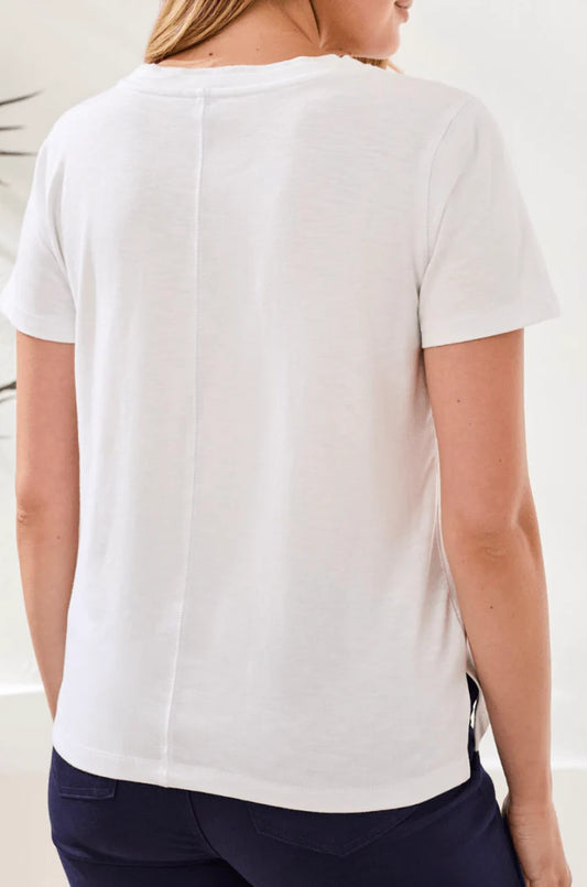 Short Sleeve V-Neck Top with Rib Combo - White