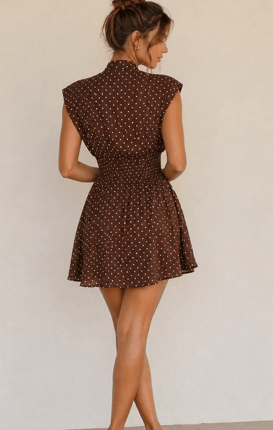 V-Neck Front Zip Mini Dress - Chocolate Brown