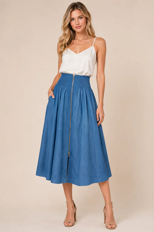 High Waisted Smocked Skirt with Front Zip