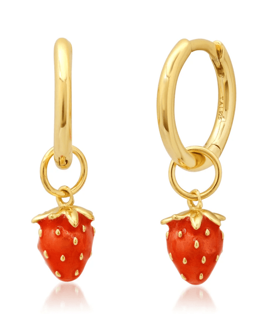 CZ Gold Huggies-Enamel Strawberry Dangle