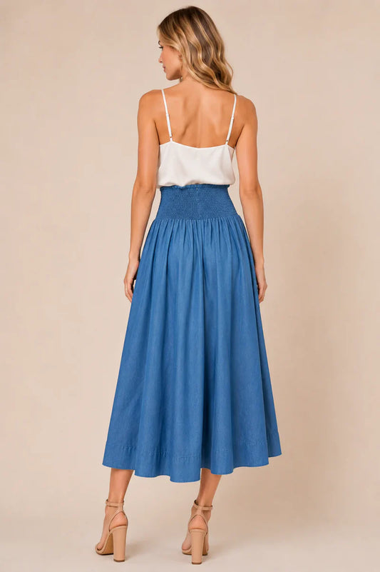 High Waisted Smocked Skirt with Front Zip