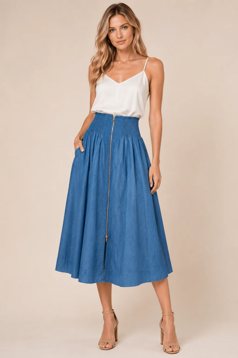 High Waisted Smocked Skirt with Front Zip