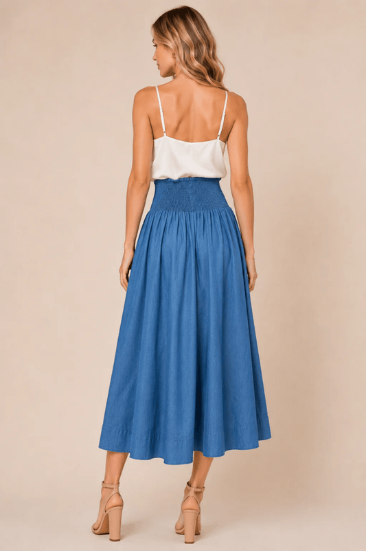 High Waisted Smocked Skirt with Front Zip
