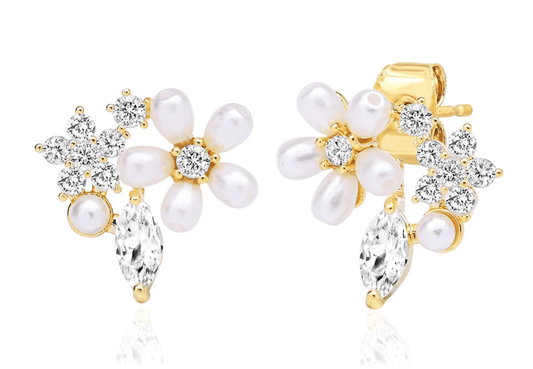 Pearl and Cubic Zirconia Flower Cluster Post Earring