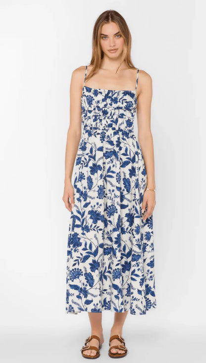 Tanella Spaghetti Strap Blue Jacobean Floral Dress