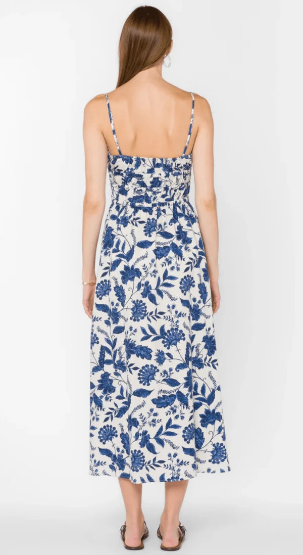 Tanella Spaghetti Strap Blue Jacobean Floral Dress
