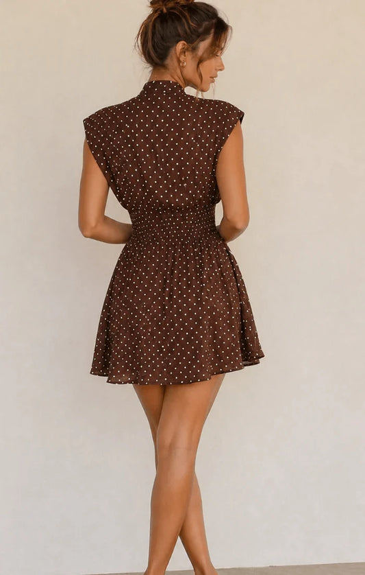 V-Neck Front Zip Mini Dress - Chocolate Brown